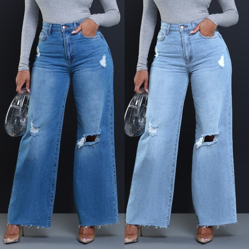 Women's Ripped High Waist Loose Straight Wide-Leg Jeans
