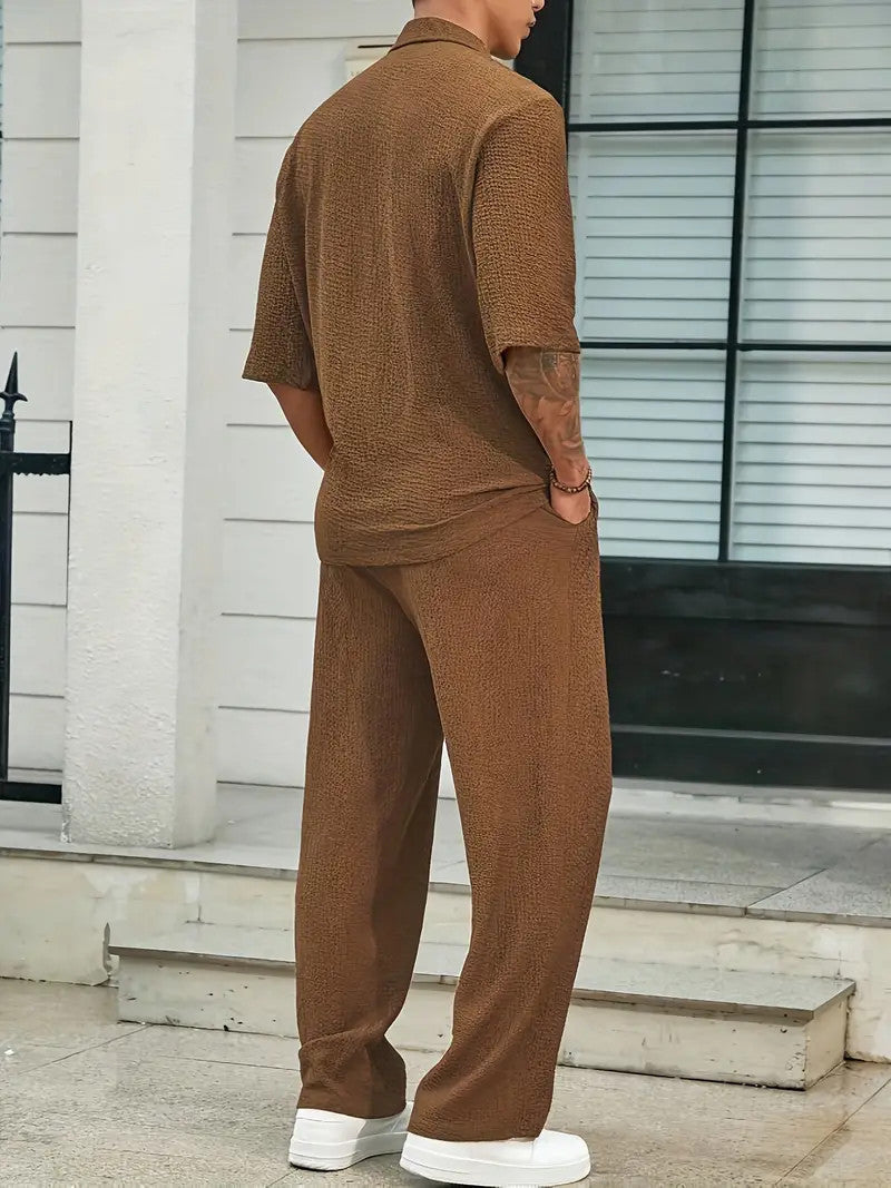 Set Pants Commuter Casual Fir Sheean V-neck Lesh Laueyn Gearr Set Daa-piece Briwnyn Corrugated