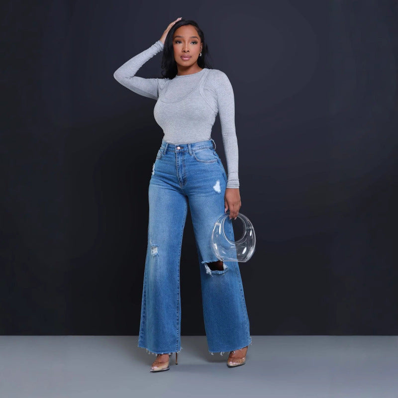 Women's Ripped High Waist Loose Straight Wide-Leg Jeans