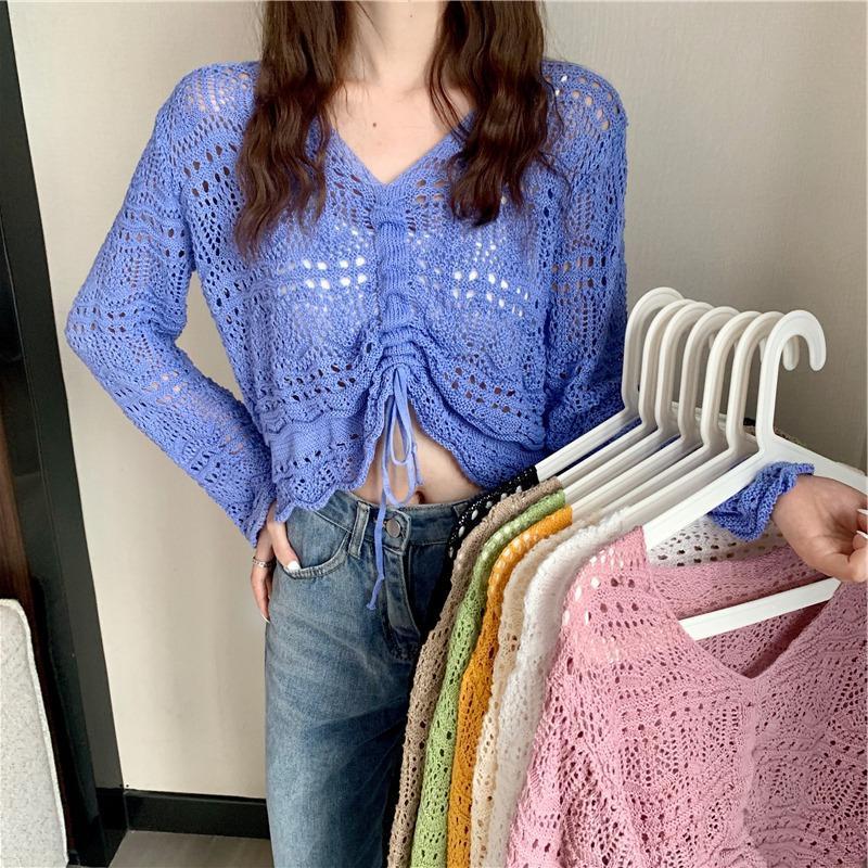 New Korean Style Loose V Neck Drawstring Crop Top