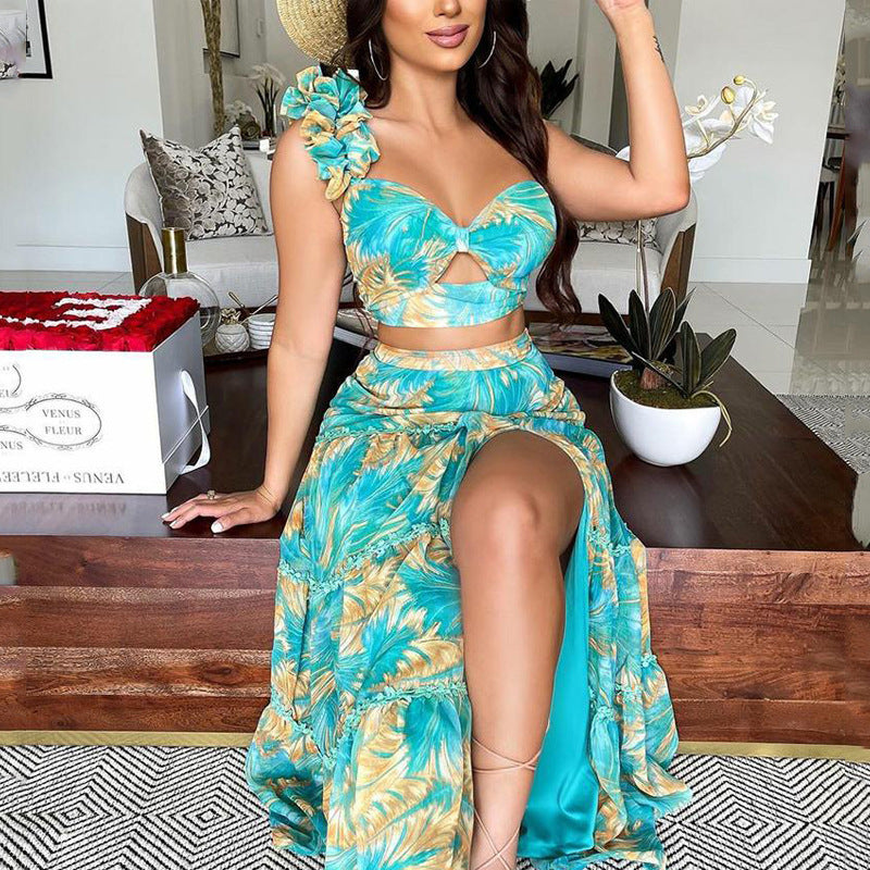 Lotus Leaf Cutout Top Print Slit Maxi Dress Two Piece Set