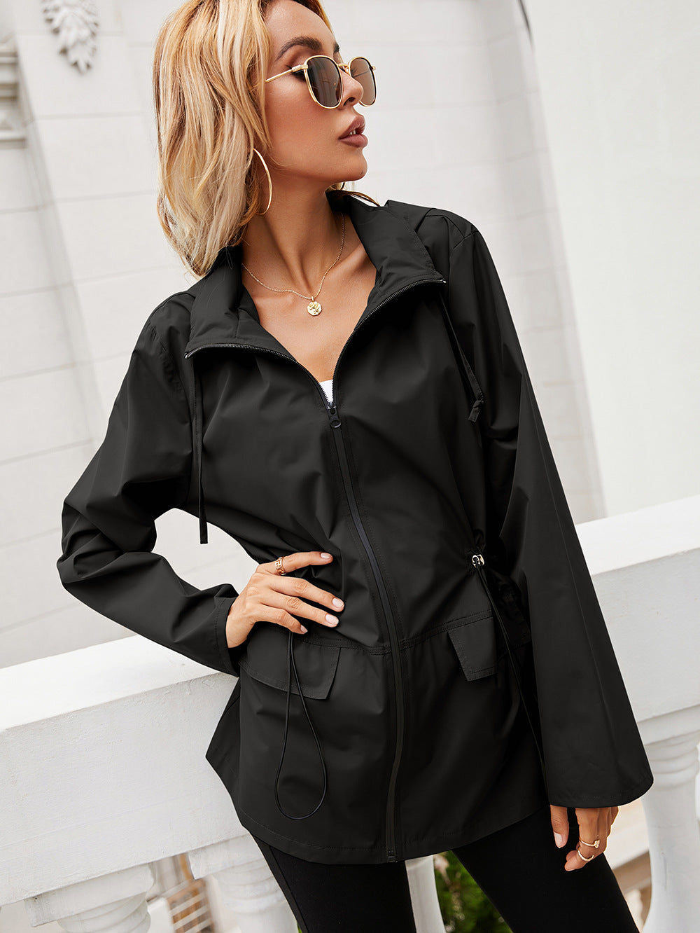 Hooded Zipper Waist Waterproof Raincoat Outdoor Sports Windbreaker Mountaineering Clothing Jacket Jacket Tops For Women