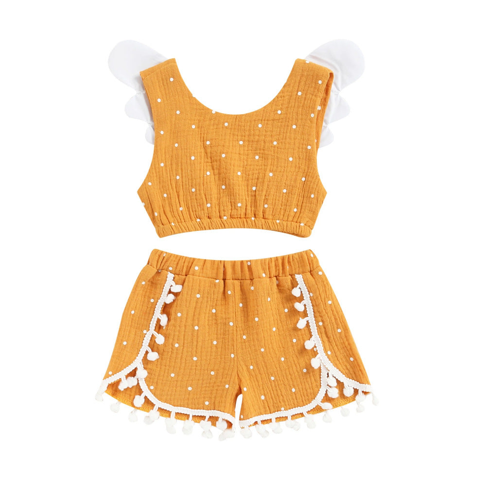 Girls Baby Cotton Linen Polka Dot Outfit – European and American Style Vest and Shorts Set for Children’s Clothing