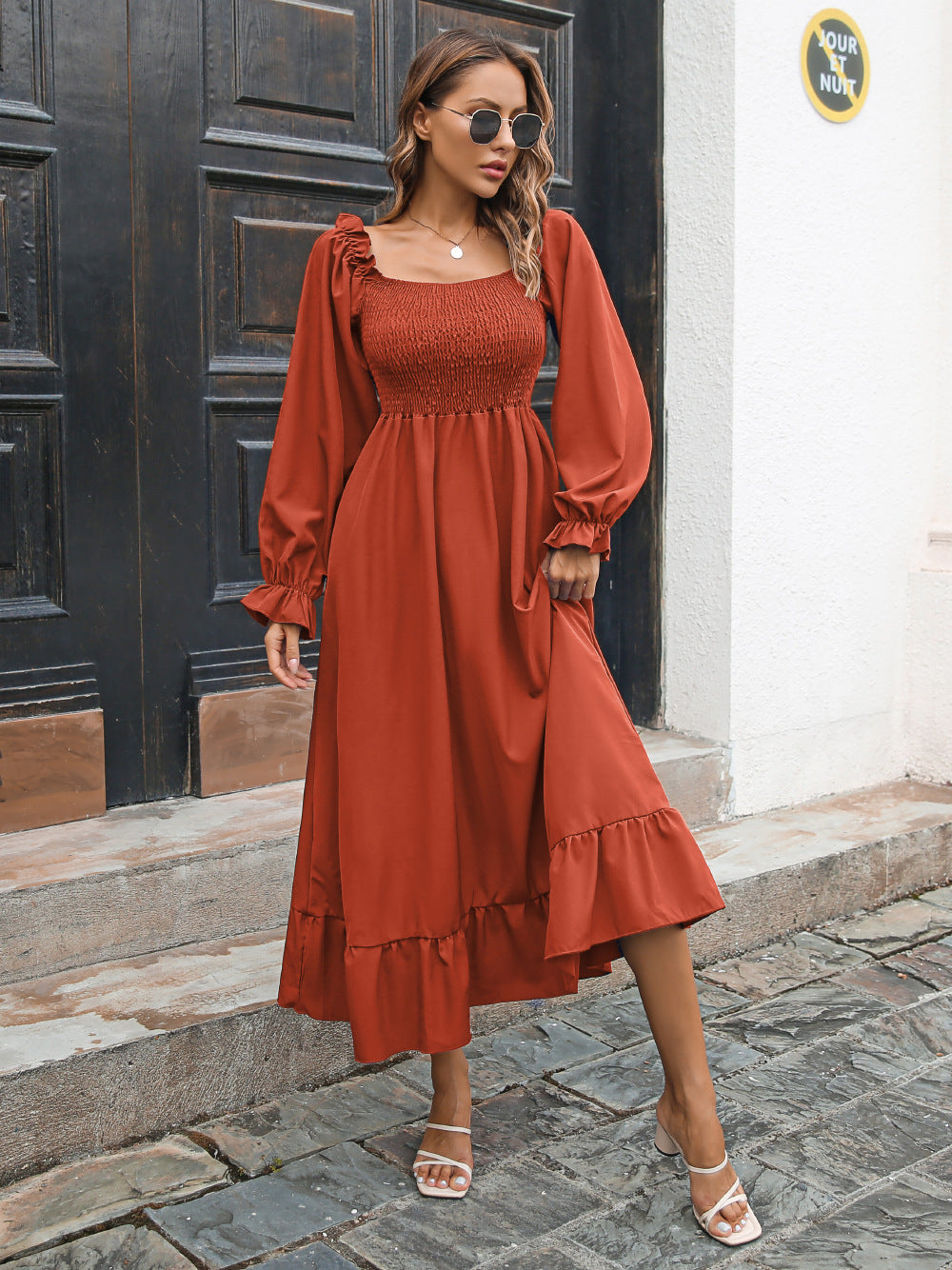 Flared Sleeve Casual Ruffled Square Collar Elastic Waist Large Swing Spring Dress