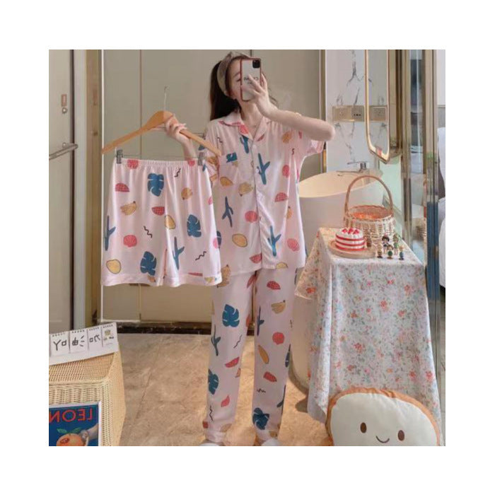 Women's Fruit Print Milk Silk Pajama Set Short Sleeve
