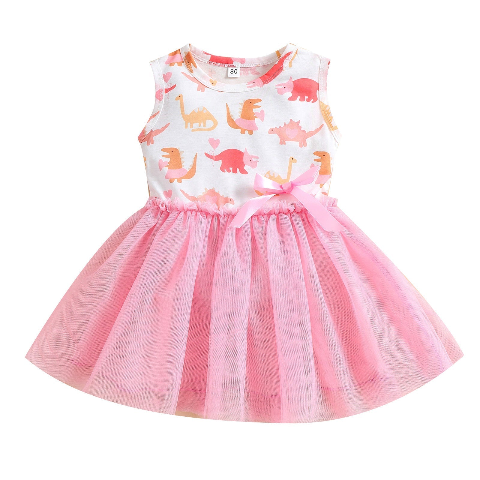 Girls Sleeveless Dinosaur Printed Polyester Mesh Dress Bow
