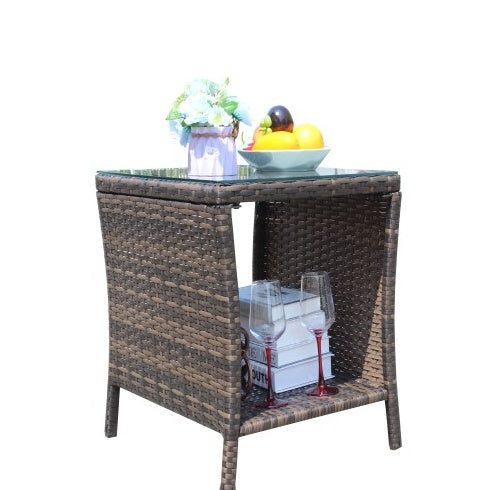 Brown PE Rattan Outdoor Coffee Table with Clear Tempered Glass