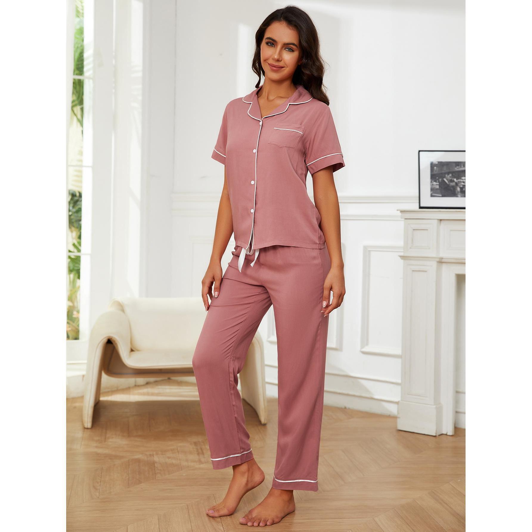 Womens Short Sleeve Rayon Pajama Set Two Piece Relaxed Fit