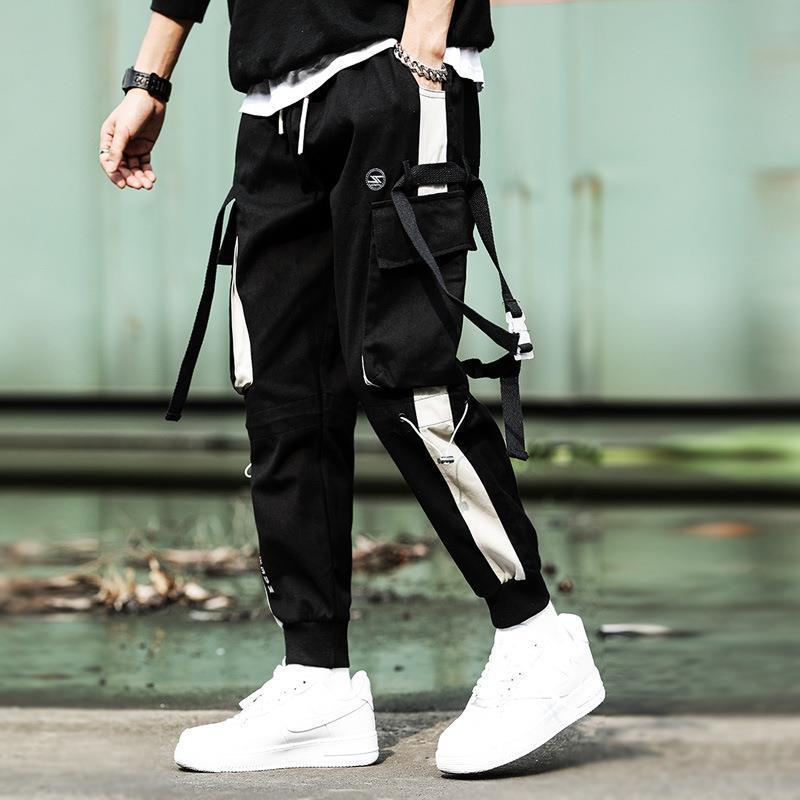 Men’s Hip-Hop Contrast Stitch Drawstring Cargo Pants – Streetwear Style