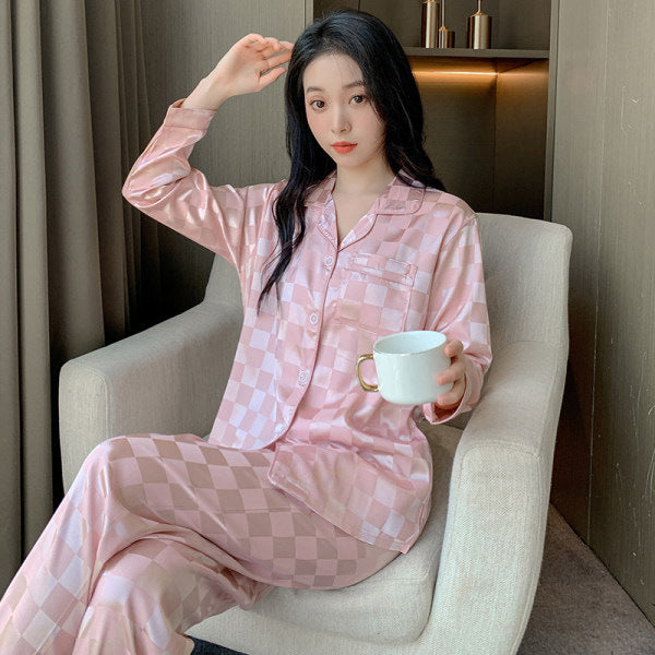Women's Fashion Jacquard Plaid Ice Silk Home Wear Suit