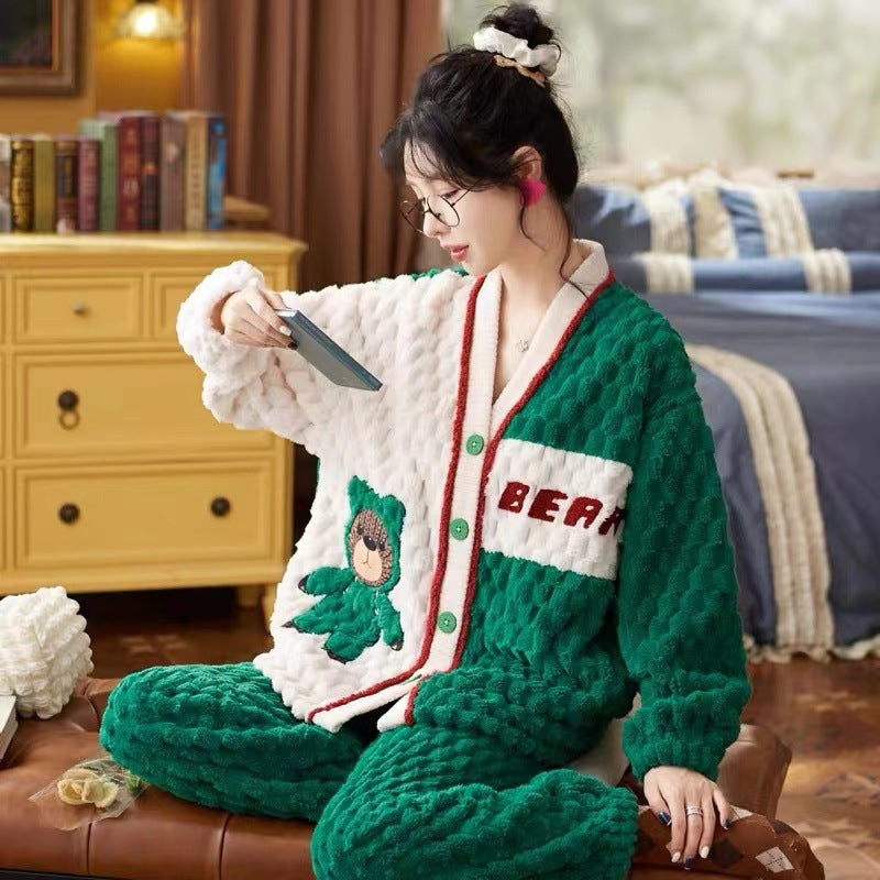 Women's Cartoon Flannel Winter Loungewear Set Relaxed Fit