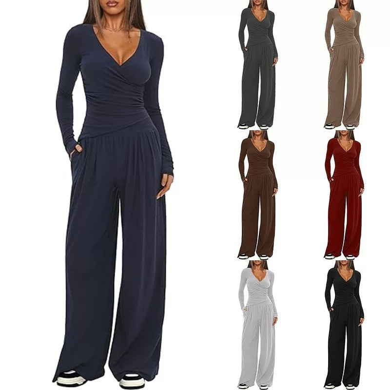 Women Relaxed Fit Polyester Solid Wide Leg Pants Casual