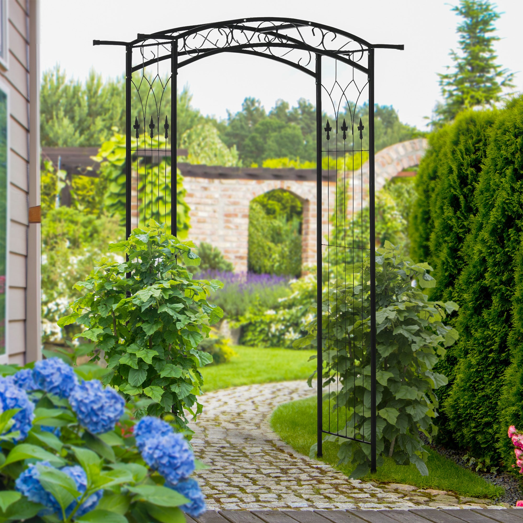 7Ft Metal Garden Arch, Functional Support, All-weather Resistance, Top Extension Bar, For Wedding, Party, Ceremony, Black