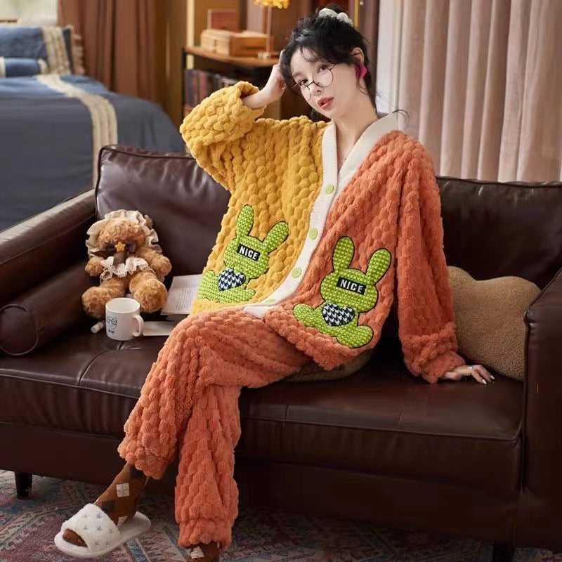 Women's Cartoon Flannel Winter Loungewear Set Relaxed Fit