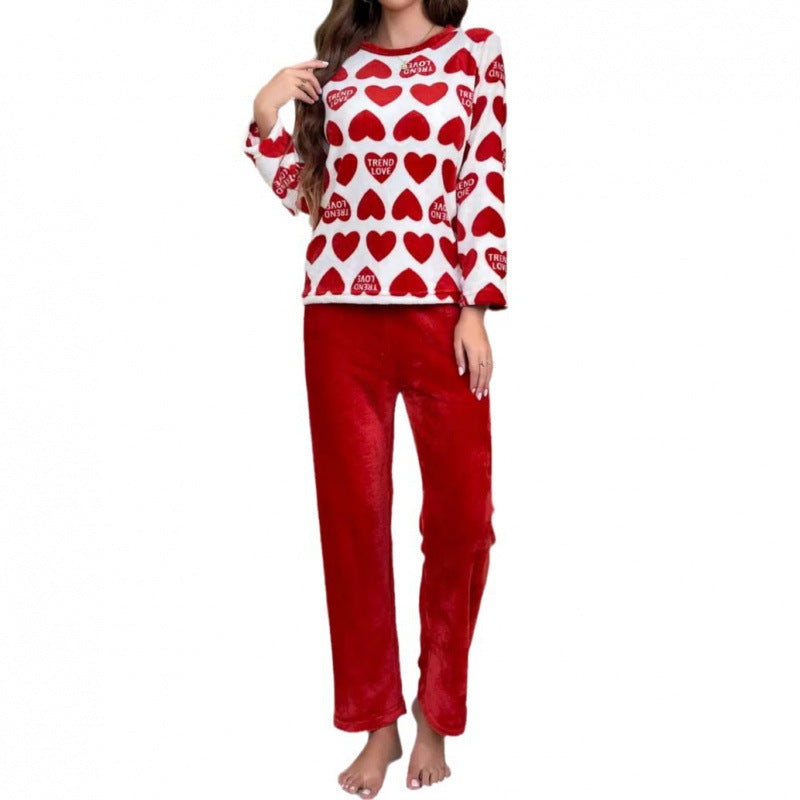 Unisex Flannel Pajama Set Thickened Red Polyester Sleepwear