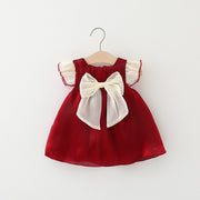 Summer Solid Color Twilight Yarn Korean Style Color-blocking Bow Flounced Sleeve Princess Dress