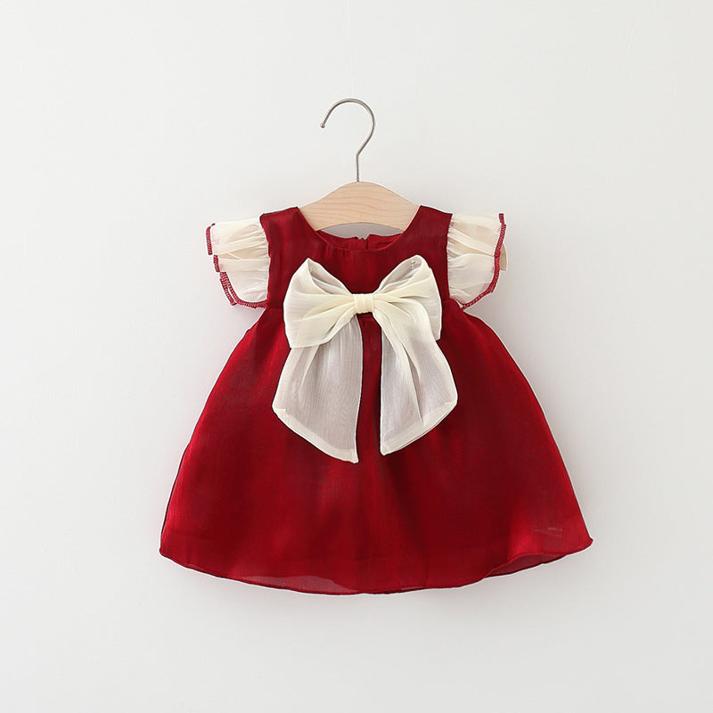 Summer Solid Color Twilight Yarn Korean Style Color-blocking Bow Flounced Sleeve Princess Dress