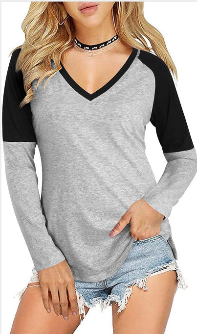 Colorblock Long-sleeved Slim T-shirt Bottoming Shirt For Women
