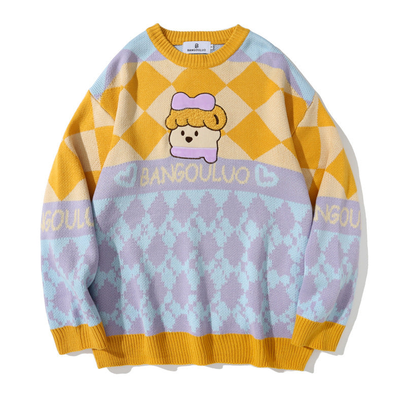 Bear Knitted Crew Neck Pullover Lazy Sweater Women
