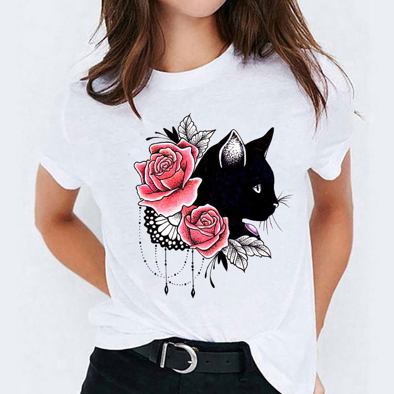 Women's Round Neck Printed Short Sleeve Polyester T Shirt