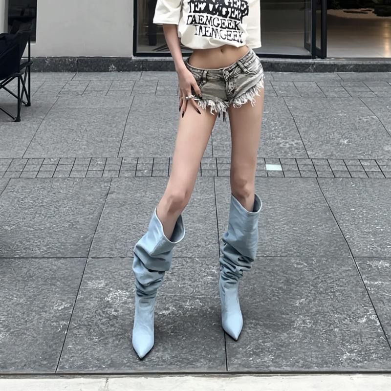 Women's Denim High Heel Boots Stiletto Korean Knee High