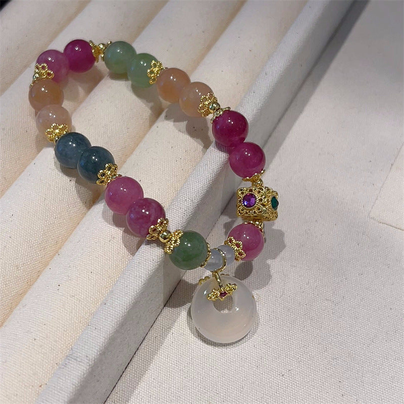 Dopamine Chalcedony Bracelet Peace Buckle Rings Vintage French Gold Accessories
