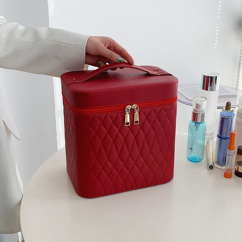 Cosmetic Bag with Mirror – Rhombus Embroidery Double-Layer Storage Caseesign Fashion Rhombus-Embroidery Double-layer Suitcase Large Capacity Make-up Storage Bags For Women