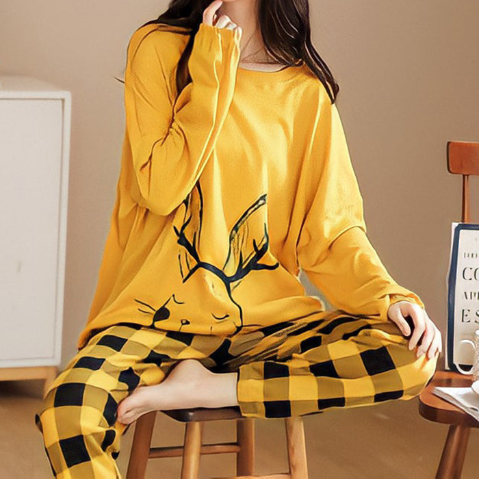 Womens Cartoon Print Milk Silk Pajama Set Relaxed Fit