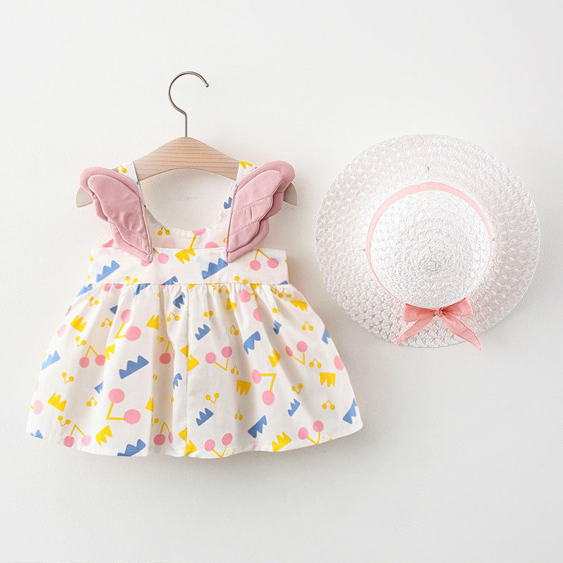 Summer New Girl's Big Dot Wings Princess Dress Hat Beach Dress
