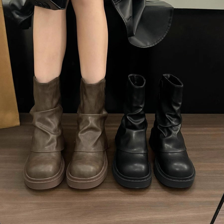 British Street Pleated Sleeve Slugged Bottom Boots