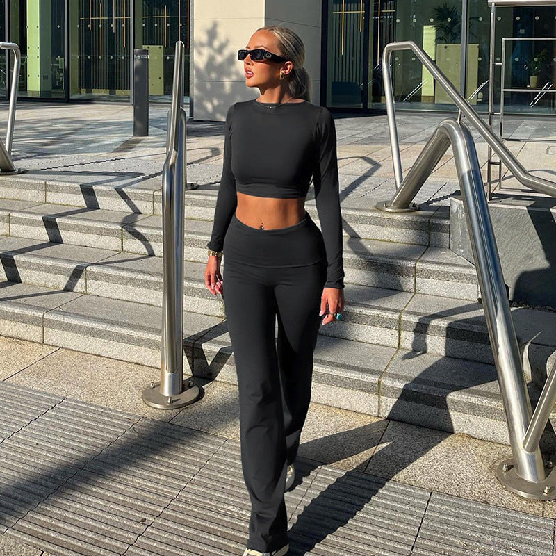 Women’s Long-Sleeve Crop Top and Bootcut Pants 2-Piece Set