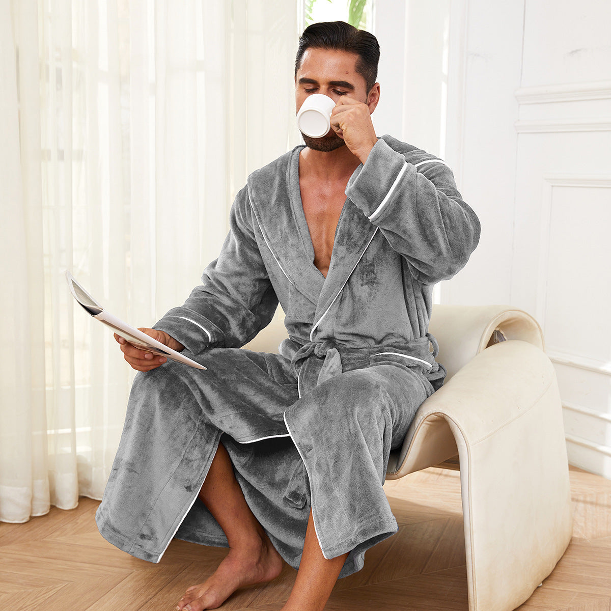 Unisex Flannel Bathrobe Pajamas Relaxed Fit Winter Cozy