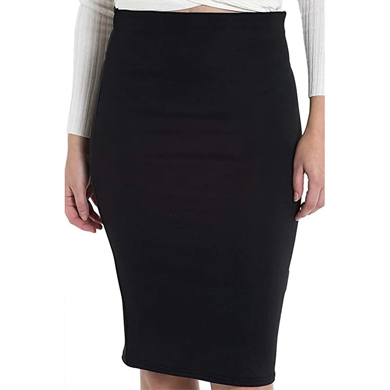 Women’s Mid-Length Elastic Waist Skirt – Solid Color Polyester Casual Skirt