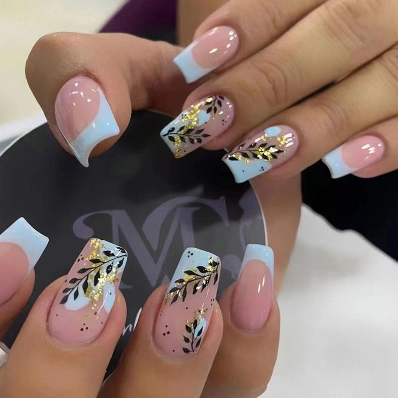 Style Mid-length Gold Glitter Leaves Manicure