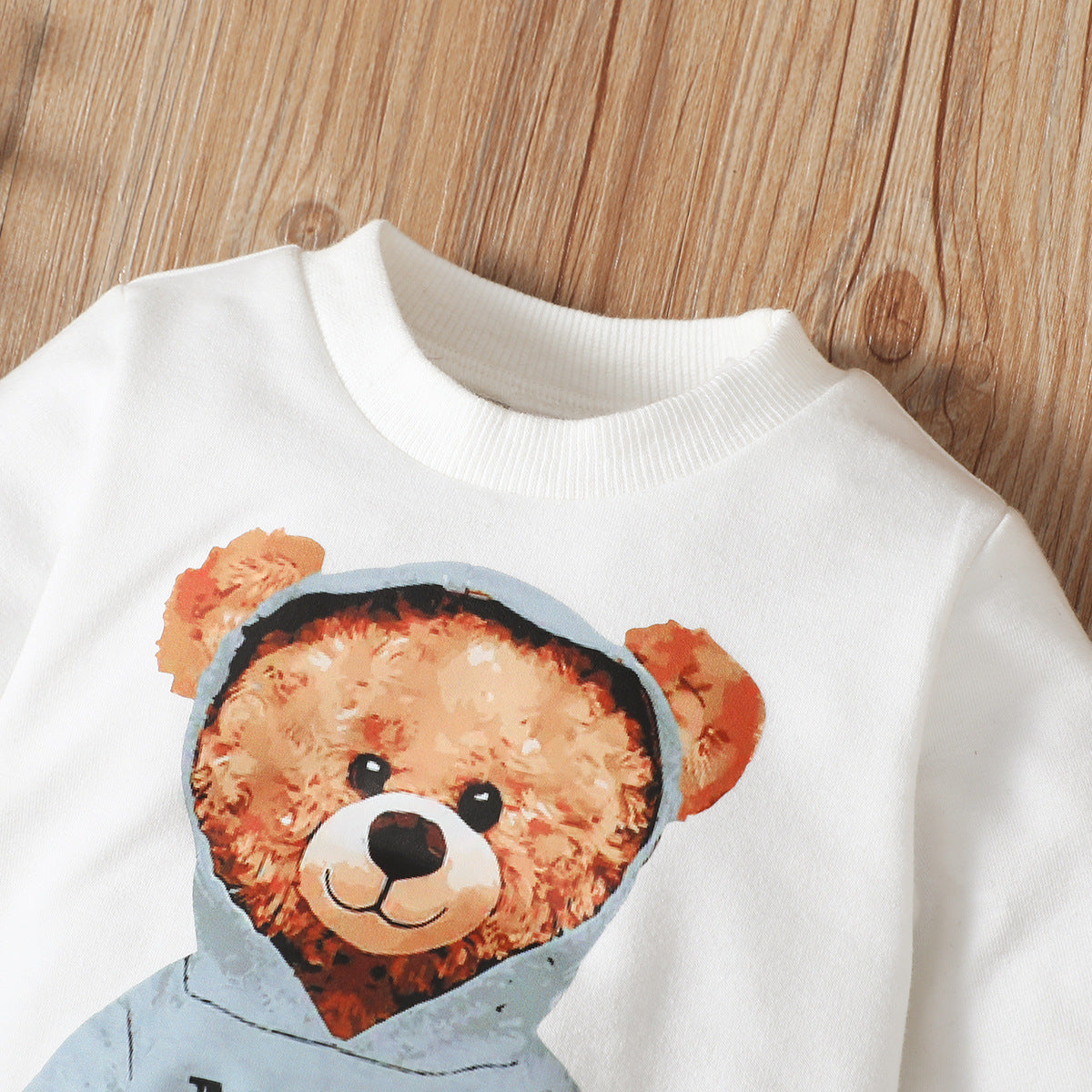 Bear Floral Print Long Sleeve Pullover And Denim Trousers Suit