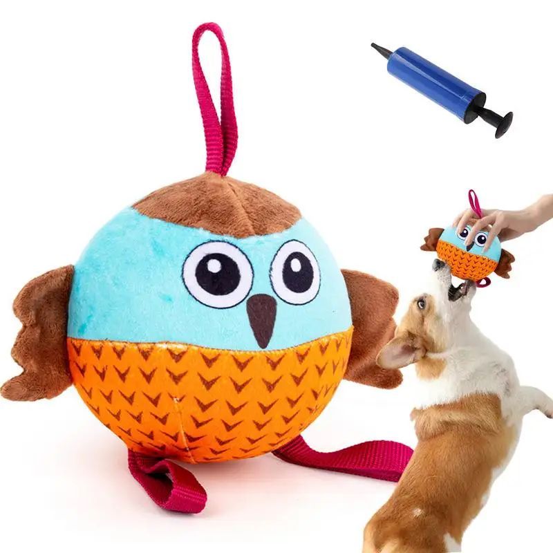 Interactive Inflatable Owl Ball Dog Chew Toy in Velvet and Rubber
