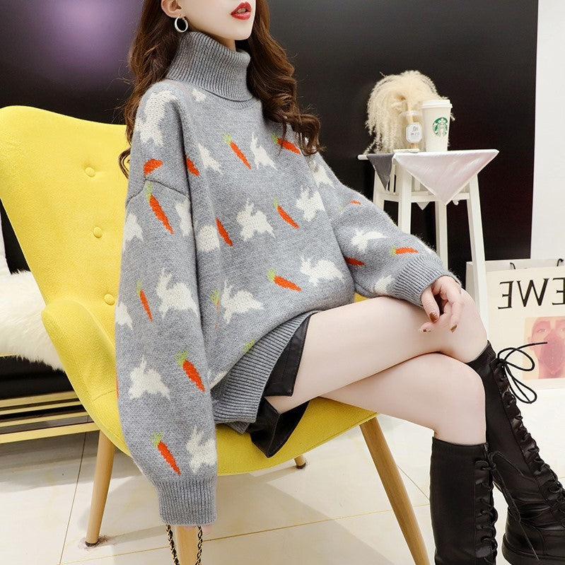 Cartoon Rabbit Turtleneck Pullover Sweater Women