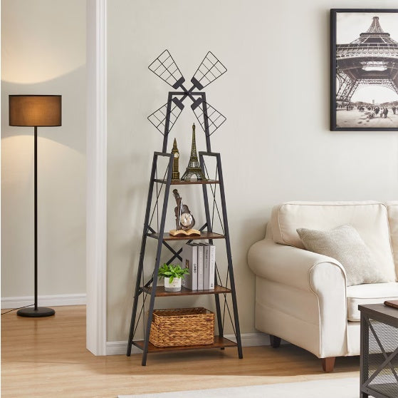 4-Tier Bookshelf,Display Storage Shelves With Metal Frame,Bookcase Organizer With Windmill For Living Room,Home Office