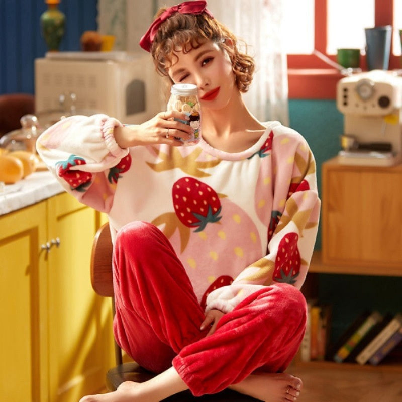 Womens Coral Fleece Winter Pajamas Relaxed Fit Long Sleeve