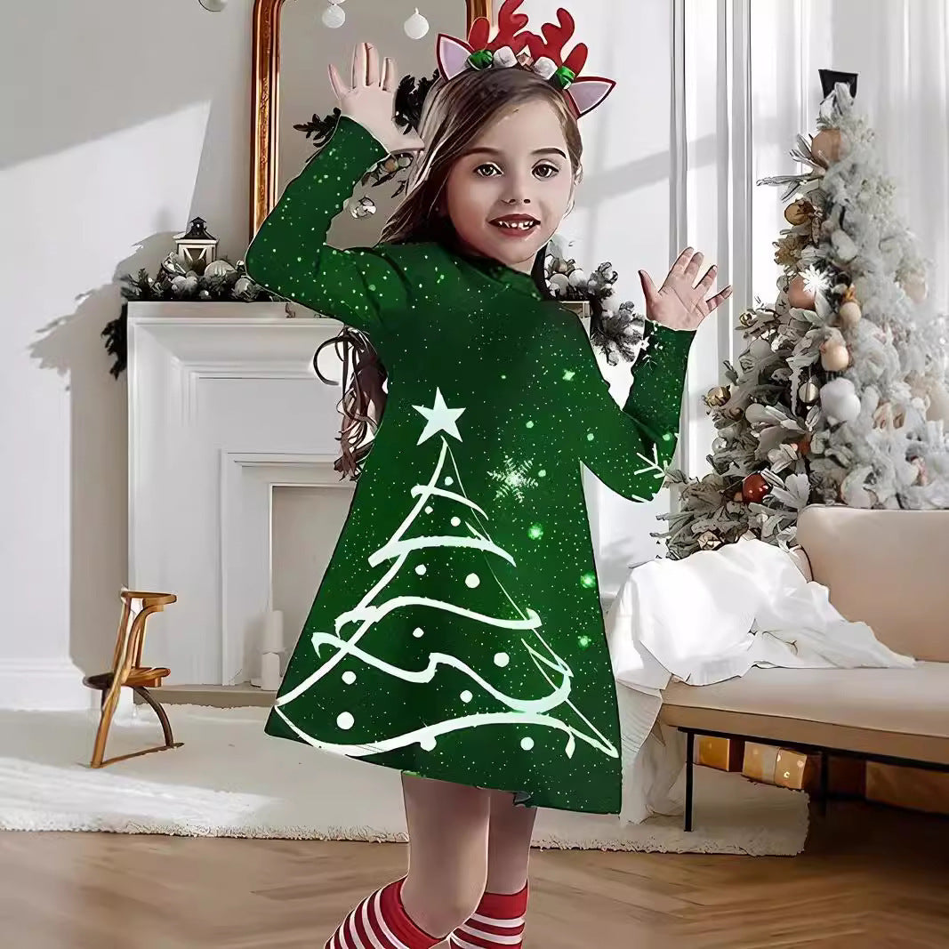 Girl's Long-sleeved Dress Christmas Deer