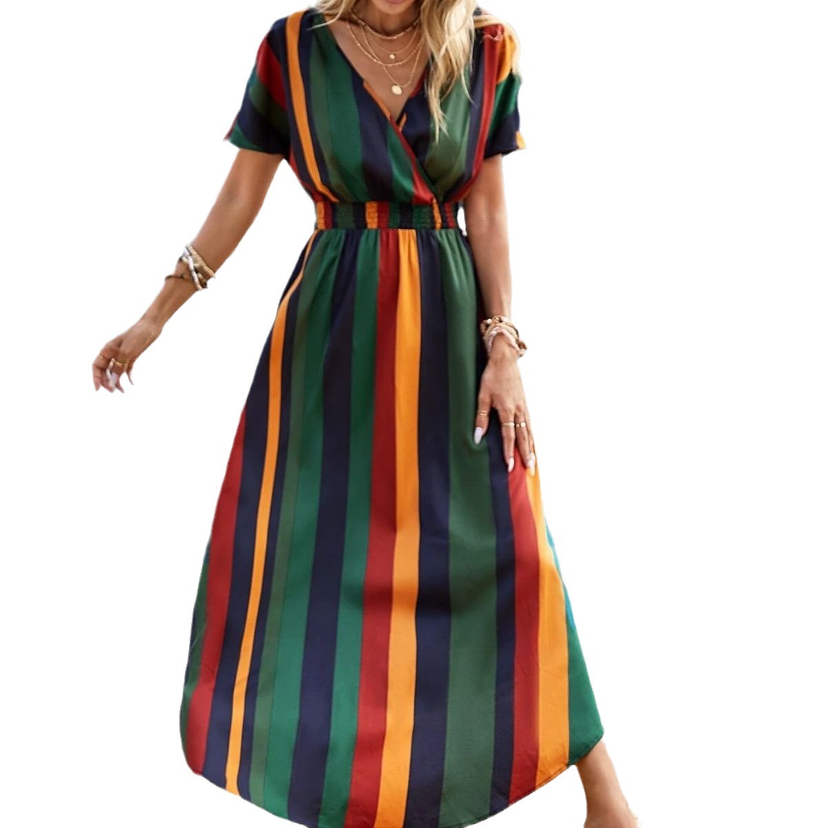 V-collar Contrast Color Striped Short Sleeve Holiday Waist Trimming Printing Maxi Dress
