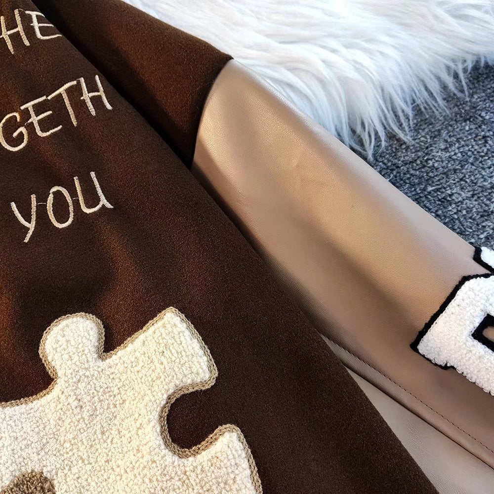 American Retro Puzzle Leather Embroidery Jacket for Men