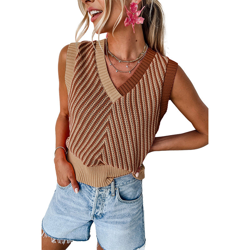 Color Contrast Patchwork Sleeveless V-neck Outerwear Woolen Vest For Women