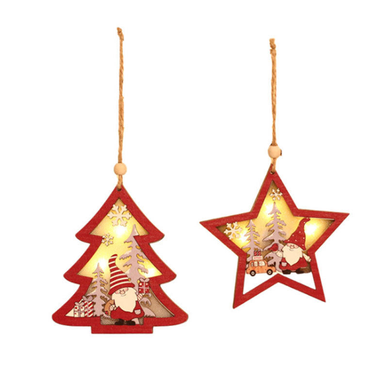 Wooden Luminous Pendant Christmas Tree Ornaments Round Five-pointed Star Pendant