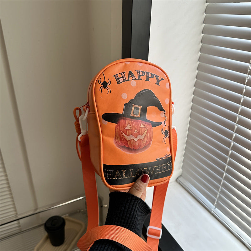 Halloween Crossbody Phone Bag – Cartoon Pumpkin, Ghost, and Bat Print Mini Shoulder Bag for Girls and Women