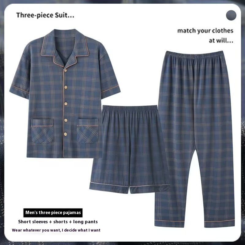 Three-piece Pajamas Men's Summer Pure Cotton Short Sleeve Trousers Suit