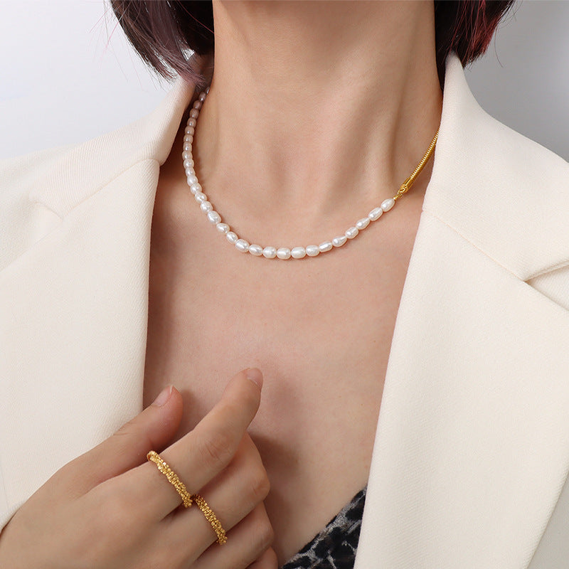 Popular Freshwater Pearl Necklace Heavy Metal Chain Design Titanium Steel Clavicle Chain