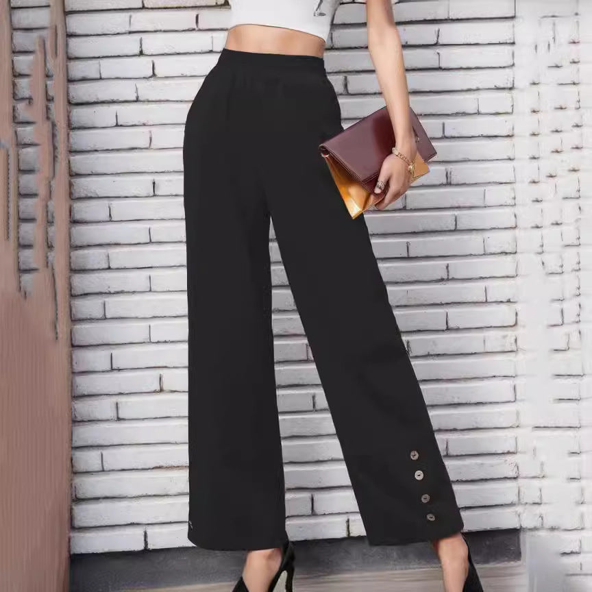 High Waist Straight Leg Pants – Women’s Button Detail Polyester Spandex Trousers