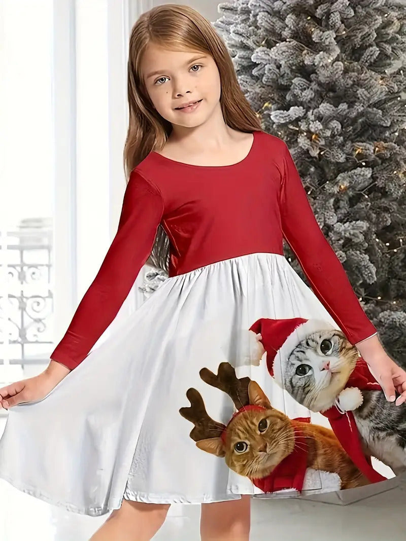 Girl's Long-sleeved Dress Christmas Deer