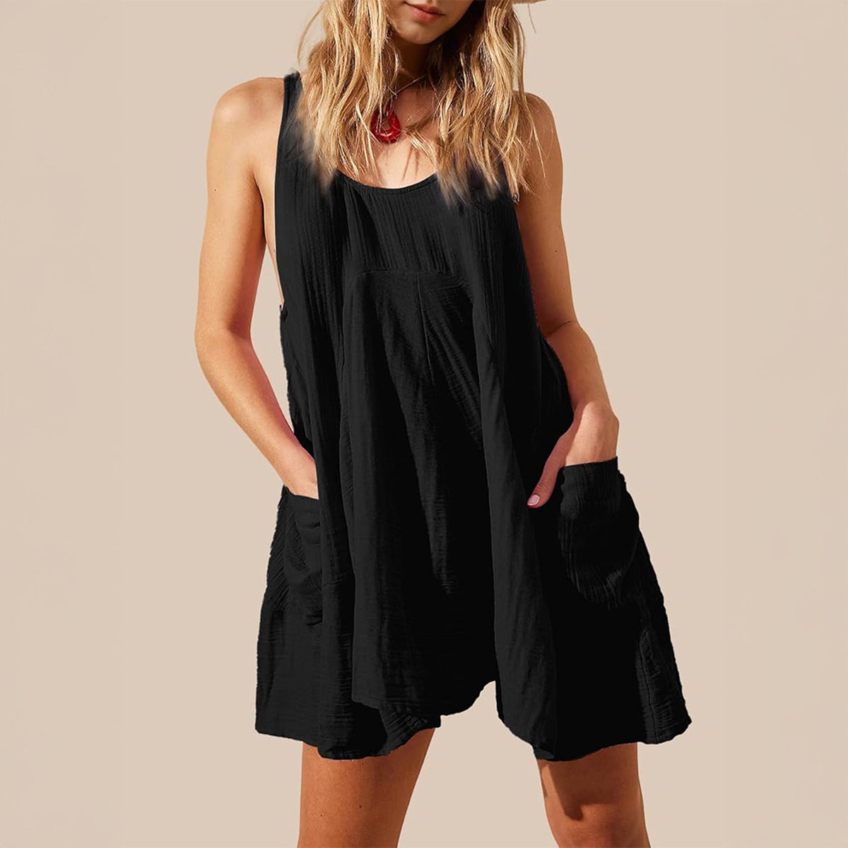 Casual Loose Vacation Style Solid Color Pocket Dress Short Skirt Women's Clothing